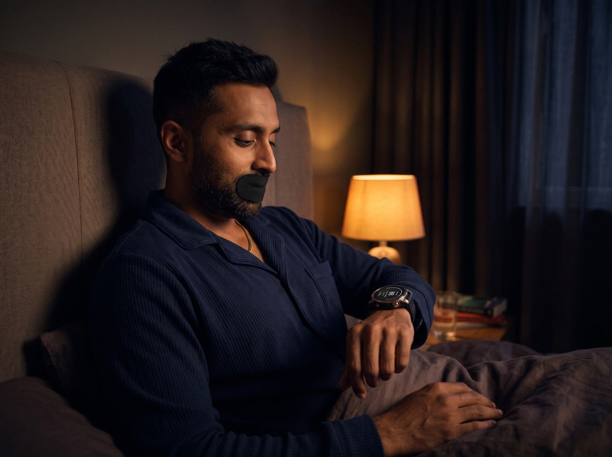 Man with mouth tape and Garmin watch checking sleep data before bed — Awesome Sleep
