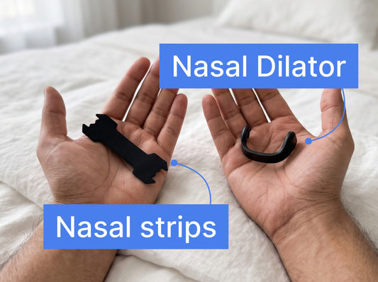 Nasal strips and nasal dilator shown side by side in two hands