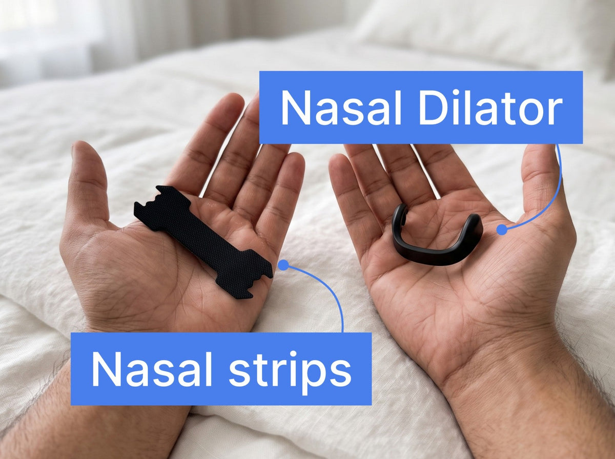 Nasal strips and nasal dilator shown side by side in two hands